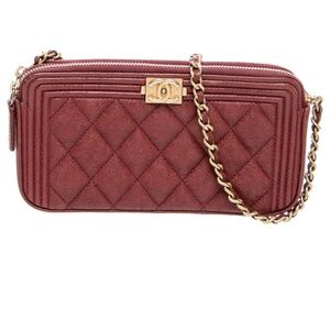 Chanel Boy double zip clutch wallet on a chain WOC Quilted Caviar rare Burg/Gold